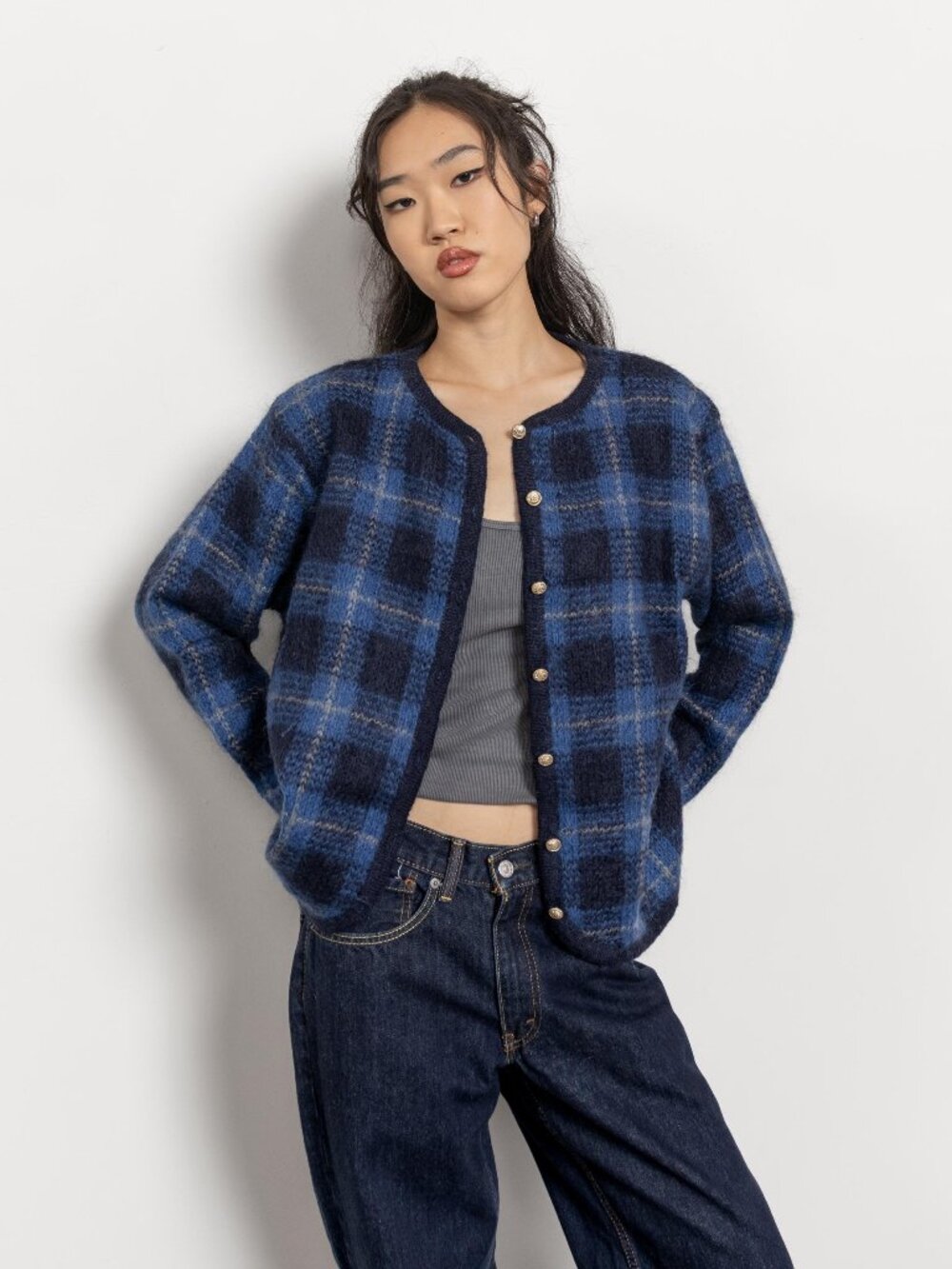 PLAID MOHAIR CARDIGAN Vintage Sweater Navy Tartan, Medium Large